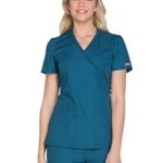 Cherokee Women’s Workwear Core Stretch Mock Wrap Scrubs Shirt, Caribbean Blue, Small