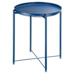 Side Table Tray Metal End Table Round Foldable Accent Coffee Table for Living Room Bedroom (Large, Dark Blue)