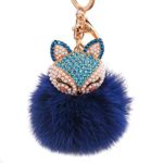 GBSELL Fur Ball with Artificial Fox Head Inlay Pearl Rhinestone Key Chain (Dark Blue)