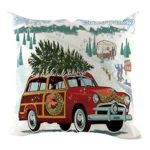 Merry Christmas Decor Retro Red Truck with Trees Farmhouse Decoration Gift Linen Home Throw Pillow Case Cushion Cover for Sofa Couch