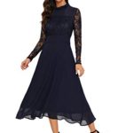 Milumia Women’s Vintage Floral Lace Long Sleeve Ruched Neck Flowy Long Dress Navy XL