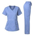 Women’s Scrubs Set Stretch Ultra Soft Y-Neck Wrap Top and Pants Ceil Blue L