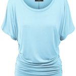 Made By Johnny MBJ Women’s Solid Short Sleeve Boat Neck V Neck Dolman Top with Side Shirring-Made in U.S.A.