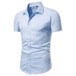LOCALMODE Men’s Slim Fit Cotton Business Casual Shirt Solid Short Sleeve Button Down Dress Shirts (Large, Light Blue)