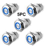 5Pcs 16mm Metal Latching Push Button Switch with Blue LED Light DC 12V/24V, LINKSTYLE ON/OFF 4 Pin Self-Locking Round Waterproof Marine Switch for Car RV Truck Boat SPDT