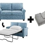 Mainstay Sofa Sleeper with Memory Foam Mattress in Light Blue Plus Twin Blanket – Bundle Set