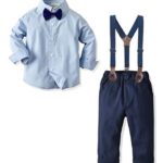 Baby Boys Dress Clothes, Toddlers Boys Long Sleeves Button Down Plaid Dress Shirt with Bowtie + Suspender Pants Set Wedding Outfit, 5# Light Blue, 9-12 Months = Tag 80