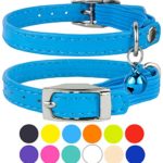 CollarDirect Leather Cat Collar, Cat Safety Collar with Elastic Strap, Kitten Collar for Cat with Bell Black Blue Red Orange Lime Green (Neck Fit 6″-7″, Light Blue)