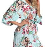 Giova Women’s Floral Kimono Robe Short Flower Print Dressing Gowns Bride Bridesmaids Light Blue