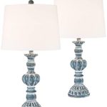 Tanya Traditional Table Lamps Set of 2 Blue Washed Tapered Drum Shade for Living Room Bedroom Bedside Nightstand Office Family – Regency Hill