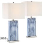 Connie Modern Table Lamps Set of 2 with USB Charging Port Rectangular Blue White Fabric Shade for Living Room Bedroom Bedside Nightstand Office Family – 360 Lighting