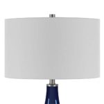 Henn&Hart TL0134 Contemporary Chic Curved Accent Bedside Navy Blue Glass with White Linen Drum Shade for Bedroom, Living, Office, Den, Study, Family Room Table Lamp, One Size