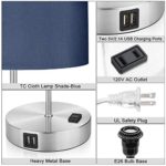 Touch Control Table Lamp, 3 Way Dimmable Bedside Desk Lamp with 2 USB Ports & AC Outlet, Blue Fabric Shade Modern Nightstand Lamp for Bedroom Living Room, 60W 5000K Daylight LED Bulb Included (Silver)