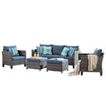 XIZZI Patio Furniture Sets Outdoor Conversation Set 5 Piece All Weather Wicker Sofa Sectional with Ottomans and 2 Pillows for Garden Backyard Deck,Grey Wicker Denim Blue