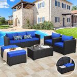 6 Pieces Patio Wicker Furniture Set Outdoor PE Rattan Conversation Couch Sectional Chair Sofa Set with Royal Blue Cushion