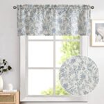 Vangao Farmhouse Linen Valance Curtain for Kitchen Floral Rustic Light Filtering Rod Pocket Window Topper Treatment 16 Inch Blue on Beige