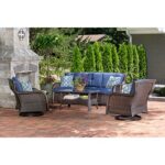Hanover Gliders, and Woven, Navy Blue Strathmere 4-Piece Outdoor Patio Deep Seating Lounge Set with Sofa, 2 Swivel Chairs with Thick Foam Cushions, Four Accent Pillows and a Glass-Top Coffee Table