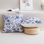 Blue and White Floral Throw Pillow Covers Set of 2 Elegant Mid Century Flower Decoration Cushion Cover Vintage Pillow Case for Bed Living Room Couch Outdoor Home Decor, 18×18 Inches