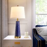 Modern Table Lamps for Living Room Set of 2, 28″ Blue Ceramic Bedside Lamp with Triangle Textured Pattern, 3 Way Dimmable Touch Control Nightstand Bedroom Lamp with Linen Drum Shade (Bulbs Included)