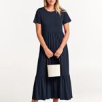 ANRABESS Women’s Summer Casual Short Sleeve Crewneck Swing Dress Casual Flowy Tiered Maxi Beach Dress with Pockets 727shenzanglan-XL Navy Blue