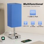 aooshine Blue Set of 2 Touch Lamp with USB Port-Nightstand Lamp with USB-C+A Charge Ports& AC Outlets, 3-Way Dimmable Bedside Lamp with Shade,Small Table Lamp for Bedroom Living Room(Bulb Included)