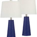 360 Lighting Ricky Modern Table Lamps 24″ Tall Set of 2 Deep Blue Triangle Textured Ceramic White Fabric Tapered Drum Shade for Bedroom Living Room House Home Bedside Nightstand Family