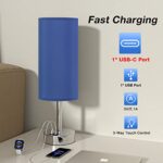 Blue Touch Table Lamps for Boy – Small Nightstand Lamp with USB-C and USB Charging Ports, 3 Way Dimmable Control Bedside Lamp with Fabric Shade Silver Base for Living Room, Office, Dorm, Reading