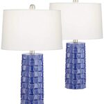 360 Lighting Rico Modern Table Lamps 24 1/2″ Tall Set of 2 Blue Glaze Textured Diamond Ceramic White Fabric Drum Shade for Bedroom Living Room House Home Bedside Nightstand Office Family