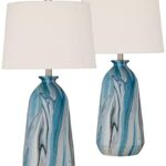 360 Lighting Carlton Modern Coastal Table Lamps 28″ Tall Set of 2 Swirling Blue Faux Marble White Tapered Drum Shade for Bedroom Living Room House Home Bedside Nightstand Office Kids Family