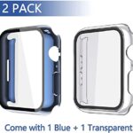 Misxi 2 Pack Hard PC Case with Tempered Glass Screen Protector Compatible with Apple Watch Series 8 Series 7 45mm, Ultra-Thin Overall Protective Cover for iWatch S8/S7, 1 Blue + 1 Transparent