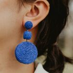 Statement Raffia Earrings Boho Round Dangle Ball Earrings Cute Handmade Summer Earrings Bohemian Dangling Jewelry for Women(Royal Blue)