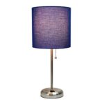 Limelights LT2024-NAV Brushed Steel Stick Table Desk Lamp with Charging Outlet and Drum Fabric Shade, Navy
