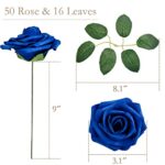 HappyHapi 50Pcs Artificial Flowers Roses Bulk Royal Blue Foam Fake Roses with Stems for Wedding, Bridal Shower Decorations Fake Flowers Centerpieces Tables Decorations