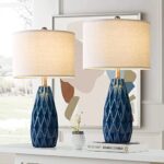 G-SAFAVA 24.75 inch Modern Ceramic Table lamp Set of 2, Blue Embossed Geometric Pattern Bedside lamp Tall Nightstand Lamp End Table Lamps for Living Room Bedroom