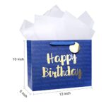 Loveinside Navy Blue Birthday Gift Bag with Tissue Paper for Birthday, Baby Shower, Party, and More – 13″ x 10″ x 5″, 1 Pcs