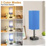 aooshine Bedside Table Lamp with 3 Levels Brightness – 2700/3500/5000K Nightstand Lamp with USB C+A Ports, Small Lamp with 3 Color Modes by Pull Chain, Bedroom Lamp with LED Bulb Included(Blue)