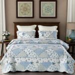 Blue Patchwork Quilt Set Full Queen Size Reversible Quilted Bedspread Coverlet 3-Piece Floral Lightweight Comforter Stitched Bedding Set Bed Sheet Cover Blanket with 2 Pillow Shams for All Season