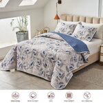 Joyreap 3 Pieces Microfiber Quilt Set, Botanical Blue Leaves on Light Gray Reversible Design, Bedspread Bed Cover for All Season, 1 Quilt and 2 Pillow Shams (King, 102×90 inches)