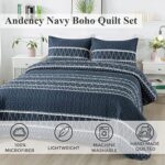 Andency Navy Blue Quilt Set King (106×96 Inch), 3 Pieces(1 Striped Triangle Printed Quilt and 2 Pillowcases), Bohemian Summer Lightweight Reversible Microfiber Bedspread Coverlet Sets
