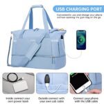 Gym Bag for Women, Sports Travel Duffel Bag with USB Charging Port, Weekender Overnight Bag with Wet Pocket and Shoes Compartment for Women Travel, Gym, Yoga (Blue)