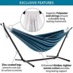 Vivere Double Cotton Hammock with Space Saving Steel Stand, Blue Lagoon (450 lb Capacity – Premium Carry Bag Included)