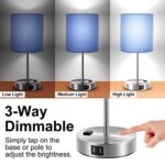 Touch Control Table Lamp Blue Shade,3-Way Dimmable Lamp with 2 Fast Charging USB Ports & Power Outlet, Bedside Lamp, Nightstand Lamp, USB Lamp for Bedroom, Living Room, Daylight White Bulb Included