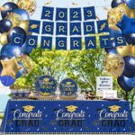 Graduation Party Supplies,Graduation Decorations Class for 2023,205 Pcs Disposable Graduation Plate and Graduation Napkin withBanner,Plate,Cups,Napkins,Tablecloth,Cutlery,Balloon-Serves 24-Blue Gold
