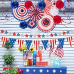 29PCS 4th/Fourth of July Patriotic Decorations Set – Red White Blue Paper Fans,USA Flag Pennant,Star Streamer,Pom Poms,Hanging Swirls Party Decor Supplies