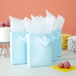 20-Pack Small Paper Gift Bags with Handles, 5.5×2.5×7.9-Inch Goodie Bags with 20 Sheets White Tissue Paper and 20 Hang Tags for Small Business (Light Blue)