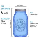 eleganttime Regular Mouth Mason Jars 32 oz,6 Pack Blue Glass Colored Canning Jars with Airtight Lids for Canning,Pickling,Storage,DIY Crafts & Décor
