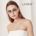 LASPOR Retro Rimless Rectangle Sunglasses for Women Men Tinted Lens Silver Metal Frameless Vintage Square Glasses (Blue)