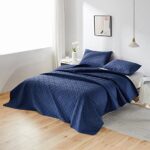 beeweed Quilt Set Queen Size 3 Pieces, Lightweight Microfiber Basket Pattern Bedspreads for All Season, Navy Blue Soft Summer Coverlet Set with Ultrasonic Quilting Technology (1 Quilt, 2 Pillow Shams)