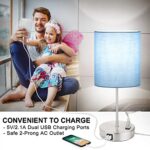 Blue Touch Control Table Lamp, 3 Way Dimmable Bedside Desk Lamp with 2 Fast USB Ports and AC Outlet, Nightstand Lamp for Bedroom Living Room, Modern Office Lamp, Silver Base, 60W LED Bulb Included