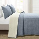 Lush Decor Solid Kantha Pick Stitch Yarn Dyed Cotton Woven 3 Piece Quilt/Coverlet Set, Full/Queen, Navy & Off-White